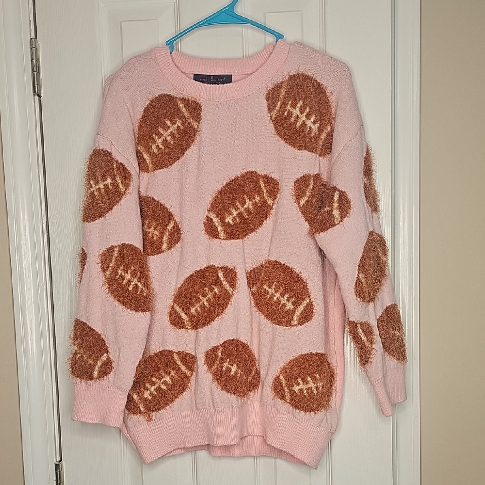 Simply Southern Pink Fuzzy Crewneck with Brown Football Motif